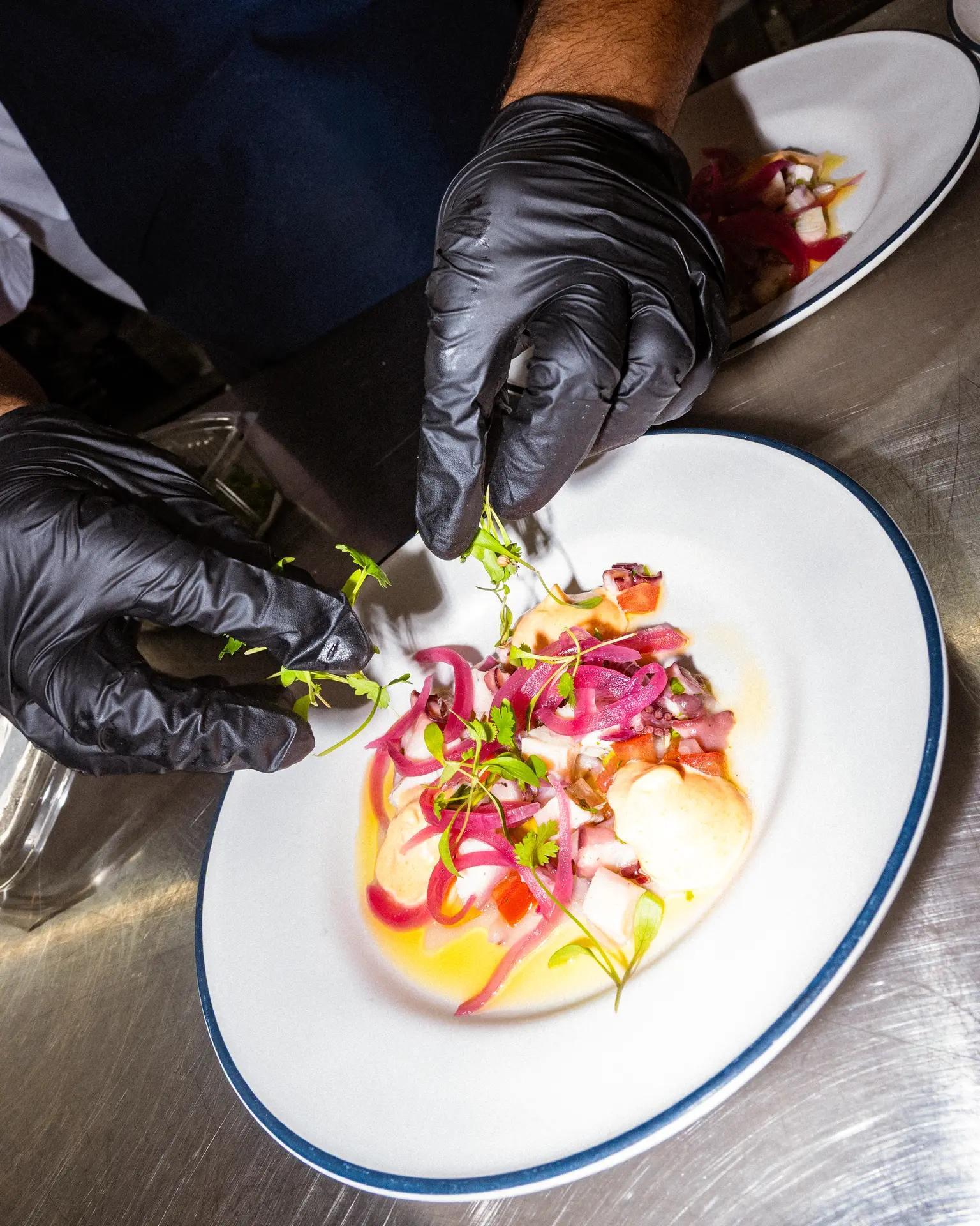 Chef a empratar uma entrada com flores comestíveis